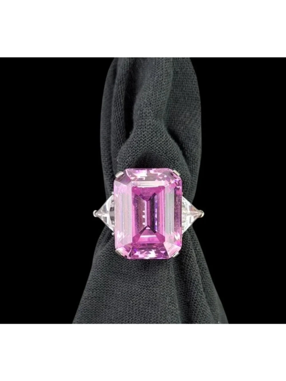 Sterling Silver 925 Stauer Big Emerald Cut Pink & Clear Gemstone Ring US Size 10